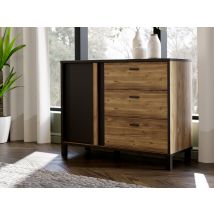 Commode 1 porte et 3 tiroirs Hayato chambre à coucher Chene riviera/noir - 85 x 110 x 42cm - Basika