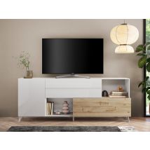 Buffet 1 porte 1 abattant 2 tiroirs Monaco blanc brillant/chene - Buffet - Basika