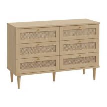 Commode 6 tiroirs Calasetta chambre à coucher Chene/poly rattan - 80 x 120 x 42cm - Basika