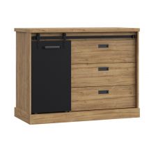 Commode 1 porte coulissante et 3 tiroirs Kaszimiro chambre à coucher Chene riviera/noir - 88 x 114 x 52cm - Basika