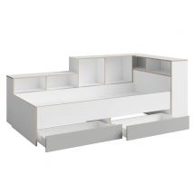 Lit avec entourage + tiroirs Pinio Gris/blanc - 89 x 232 x 126cm - Basika
