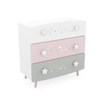 Commode 3 tiroirs Etoiles Blanc mat/gris clair/rose - 86.5 x 87 x 41cm - Basika