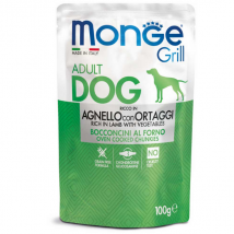 Monge Grill Adult Grain Free bocconcini 100 gr - Agnello e Verdure Confezione da 24 pezzi Cibo Umido per Cani