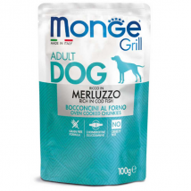 Monge Grill Adult Grain Free bocconcini 100 gr - Merluzzo Confezione da 24 pezzi Cibo Umido per Cani