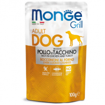 Monge Grill Adult Grain Free bocconcini 100 gr - Pollo e Tacchino Confezione da 24 pezzi Cibo Umido per Cani