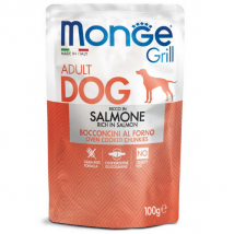 Monge Grill Adult Grain Free bocconcini 100 gr - Salmone Confezione da 24 pezzi Cibo Umido per Cani