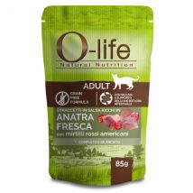 O-life Cat Adult Grain Free Straccetti in salsa 85 gr - Anatra fresca con mirtilli rossi - Confezione da 6 pezzi - Cibo monoproteico gatto - 1° ORDINE? scegli lo sconto BZR5 / BZR20 + 200 punti fedeltà