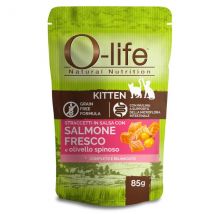 O-life Cat Kitten Grain Free Straccetti in salsa 85 gr - Salmone fresco con olivello spinoso - Confezione da 6 pezzi - Cibo monoproteico gatto - 1° ORDINE? scegli lo sconto BZR5 / BZR20 + 200 punti fedeltà
