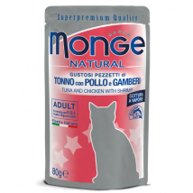 Monge Natural Adult cottura al vapore 80 gr - Tonno con Pollo e Gamberetti - Confezione da 24 pezzi - Cibo umido per gatti - 1° ORDINE? scegli lo sconto BZR5 / BZR20 + 200 punti fedeltà