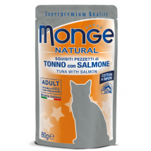 Monge Natural Adult cottura al vapore 80 gr - Tonno con Salmone - Confezione da 24 pezzi - Cibo umido per gatti - 1° ORDINE? scegli lo sconto BZR5 / BZR20 + 200 punti fedeltà