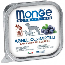 Monge Monoprotein Patè Adult Grain Free 150 gr - Agnello e Mirtilli Confezione da 6 pezzi Monoproteico crocchette cani Cibo Umido per Cani