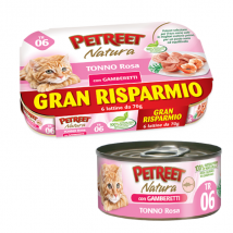 Petreet Natura Cat Maxi Scorta 6x70 gr - Tonno e gamberetti - Cibo umido per gatti - 1° ORDINE? scegli tra BZR5 / BZR20 + 200 pt fedeltà