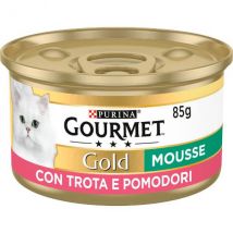 Purina Gourmet Gold Mousse Umido Gatto con Verdure 85 gr - Trota e Pomodori Confezione da 24 pezzi Cibo umido per gatti