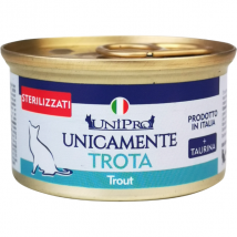 Unipro Unicamente Cat Adult Sterilised 85 gr - Monoproteico Trota - Confezione da 24 pezzi - Cibo monoproteico gatto - 1° ORDINE? scegli lo sconto BZR5 / BZR20 + 200 punti fedeltà