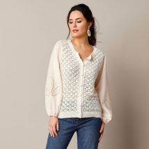 Gilet maille ajourée 2en1, manches brodées - T52 - Écru - Lora Zellini - Blancheporte