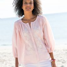 Chemisier brodé, manches 3/4 - Rose - Taille 54 - Coton - Blancheporte