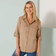 Chemisier lin-coton, manches retroussables - Beige - Taille 42 - Coton/lin - Blancheporte