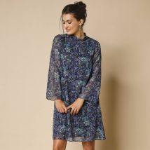 Robe courte évasée imprimée, voile fils brillants - Taille 38 - Bleu - Blancheporte