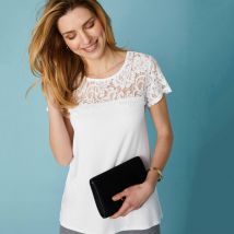 T-shirt dentelle col rond manches courtes - Taille 54 - Blanc - Blancheporte