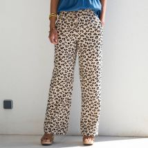 Pantalon fluide taille haute, imprimé léopard - Beige - Taille 38 - Viscose - Blancheporte