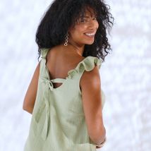 Robe longue épaules volantées, en gaze de coton - Kaki - Taille 40 - Coton/gaze De Coton - Blancheporte