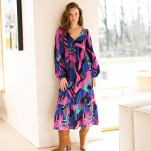 Robe longue fluide imprimée col V, viscose - Bleu - Taille 54 - Viscose - Blancheporte