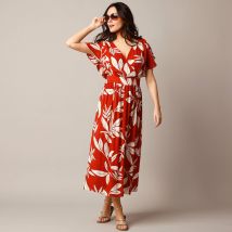 Robe effet cache-coeur, crépon imprimé XXL - Orange - Taille 42 - Viscose - Lora Zellini - Blancheporte