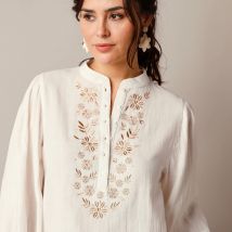 Blouse brodée, double gaze de coton - Écru - Taille 44 - Coton/gaze De Coton - Lora Zellini - Blancheporte
