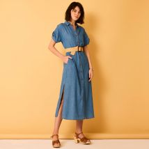 Robe-chemisier longue en jean, manches courtes - Bleu - Taille 44 - Coton - Blancheporte