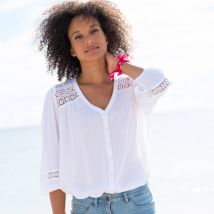 Chemisier col V boutonné, crépon fluide macramé - Blanc - Taille 54 - Viscose - Blancheporte