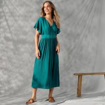 Robe volantée cache-coeur unie, crépon - Turquoise - Taille 48 - Viscose - Blancheporte