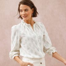 Chemisier volanté imprimé "indien" bicolore, coton texturé - Écru - Taille 52 - Coton - Blancheporte