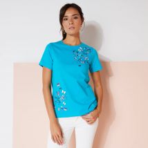 T-shirt manches courtes imprimé papillon - Turquoise - Taille 50 - Coton/jersey - Blancheporte