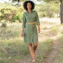 Robe chemise en coton-lin, manches retroussables - Blancheporte