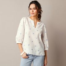Blouse manches 3/4, broderies papillons - Blanc - Taille 52 - Coton - Lora Zellini - Blancheporte