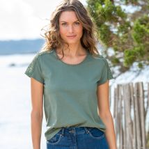 T-shirt col rond dentelle - Kaki - Taille 50 - Coton/jersey - Blancheporte