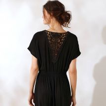 Robe longue crépon, détail macramé - Noir - Taille 40 - Viscose - Coeur Au Sud - Blancheporte