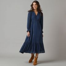 Robe longue bohème, crépon et fils brillants - Bleu - Taille 36 - Viscose - Lora Zellini - Blancheporte