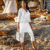 Legging 3/4 macramé, taille élastiquée - Taille 50 - Blanc - Blancheporte