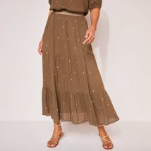 Jupe longue volantée imprimé doré, crépon - Kaki - Taille 52 - Viscose - Blancheporte