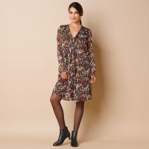 Robe à plis manches longues, imprimé fleuri - Taille 44 - Marron - Blancheporte