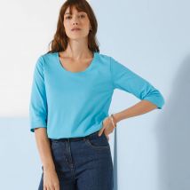 T-shirt manches 3/4 uni, coton - Bleu - Taille 50 - Coton/jersey - Blancheporte