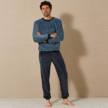Pyjama "Relax" en maille polaire, toucher peluche - Taille L - Bleu - Blancheporte