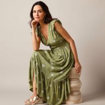 Robe longue imprimée, crépon - Kaki - Taille 48 - Viscose - Lora Zellini - Blancheporte