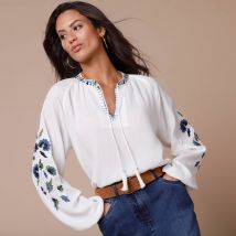Blouse brodée, col rond - Écru - Taille 50 - Viscose - Blancheporte