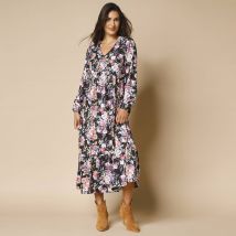 Robe longue imprimé fleurs, crêpe - Taille 40 - Noir - Blancheporte