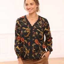 Blouse macramé imprimée - Taille 48 - Noir - Blancheporte