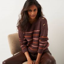 Pull loose rayé, col bateau - Taille 52 - Marron - Blancheporte