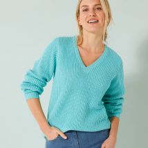 Pull tunique col V, maille anglaise - Taille 54 - Turquoise - Blancheporte