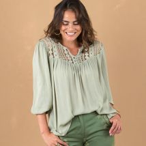 Blouse macramé manches 3/4 - Kaki - Taille 44 - Viscose - Lora Zellini - Blancheporte